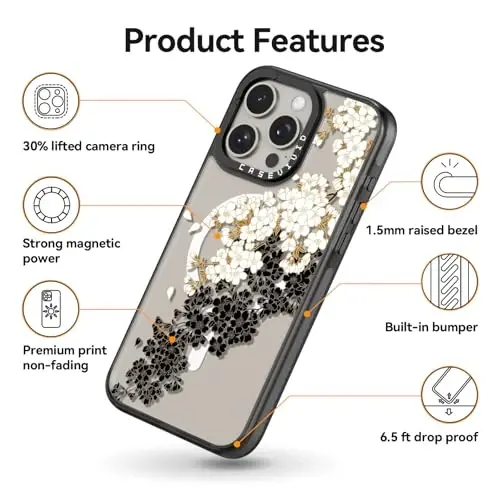 casevivid for iPhone 15 Pro Max Case Aesthetic Black, Plum Blossom | Compatible with Magsafe 6.7
