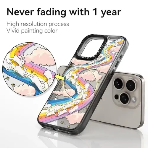 casevivid Compatible for iPhone 15 Pro Max Case Cute Aesthetic - Durable Shockproof 6.6 ft Drop Impact Phone Case Cover with Funny Fashion Rainbow Rabbit 6.7