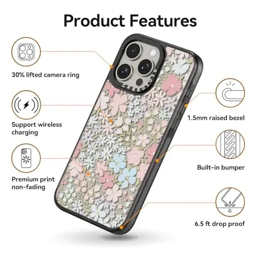 casevivid iPhone 15 Pro Max uchun mos g‘ilof, yoqimli estetik - bardoshli, zarbaga chidamli 6,6 fut (2 metr) balandlikdan tushishdan himoyalovchi, qiziqarli moda pushti bahor dizaynidagi 6,7 dyuymli qora telefon g‘ilofi - 5