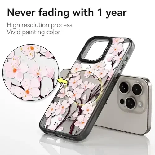 casevivid iPhone 15 Pro Max uchun mos keladigan g‘ilof Chiroyli estetik – 2 m balandlikdan tushishga bardoshli zarbga chidamli telefon g‘ilofi Qiziqarli moda olcha guli 6,7 dyuym Qora - 4