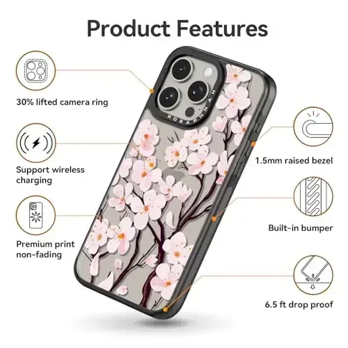 casevivid iPhone 15 Pro Max uchun mos keladigan g‘ilof Chiroyli estetik – 2 m balandlikdan tushishga bardoshli zarbga chidamli telefon g‘ilofi Qiziqarli moda olcha guli 6,7 dyuym Qora - 5