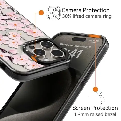 casevivid iPhone 15 Pro Max uchun mos keladigan g‘ilof Chiroyli estetik – 2 m balandlikdan tushishga bardoshli zarbga chidamli telefon g‘ilofi Qiziqarli moda olcha guli 6,7 dyuym Qora - 3