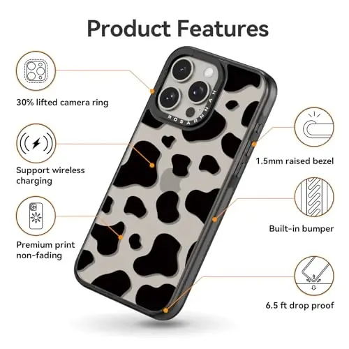 casevivid iPhone 15 Pro Max uchun mos keladigan gʻilof, chiroyli estetik – 6,6 fut balandlikdan tushganda zarbga bardoshli telefon gʻilofi, kulgili moda sigir suti bosmasi 6,7