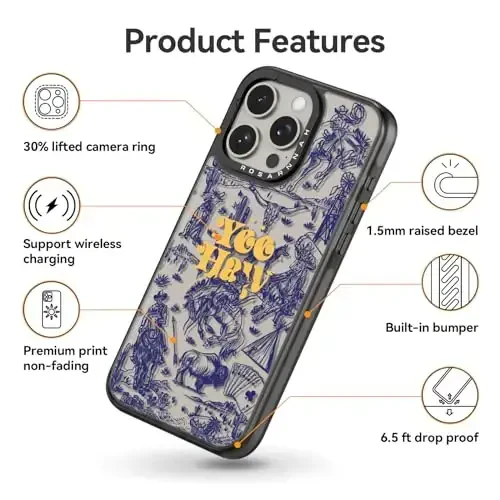 casevivid iPhone 15 Pro Max uchun mos keladigan g‘ilof Chiroyli estetik – 6,6 fut balandlikdan tushganda zarbga bardoshli telefon g‘ilofi Qiziqarli moda Yovvoyi G‘arb 6,7 dyuymli qora - 5
