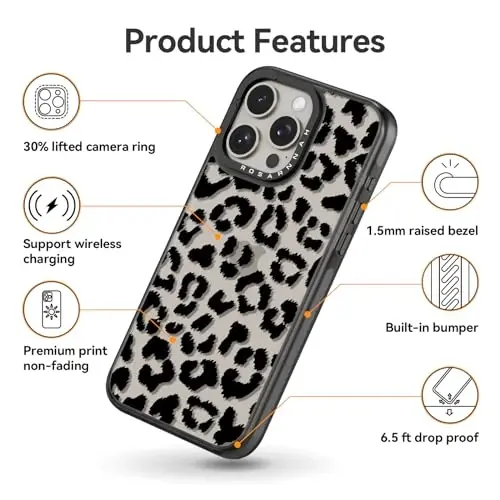 casevivid iPhone 15 Pro Max uchun mos keladigan g‘ilof Yoqimli estetik – 2 m balandlikdan tushganda zarbani yutuvchi, bardoshli telefon g‘ilofi, kulgili katta qora qoplon naqshli 6,7 dyuymli qora - 5