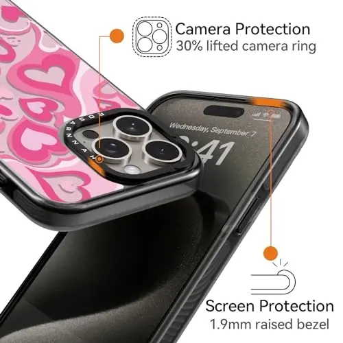 casevivid iPhone 15 Pro Max uchun mos keladigan g‘ilof, yoqimli estetik – 6,6 futdan tushishga chidamli zarbga bardoshli telefon g‘ilofi, kulgili moda yurakchasi bilan 6,7