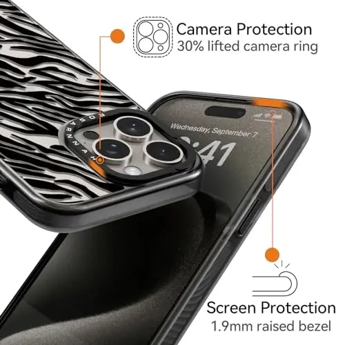 casevivid iPhone 15 Pro Max uchun mos keladigan g'ilof Yoqimli estetik - Chidamli zarbga chidamli 6,6 futlik tushish ta'siriga ega telefon g'ilofi Qiziqarli moda Qora Zebra bosma 6,7
