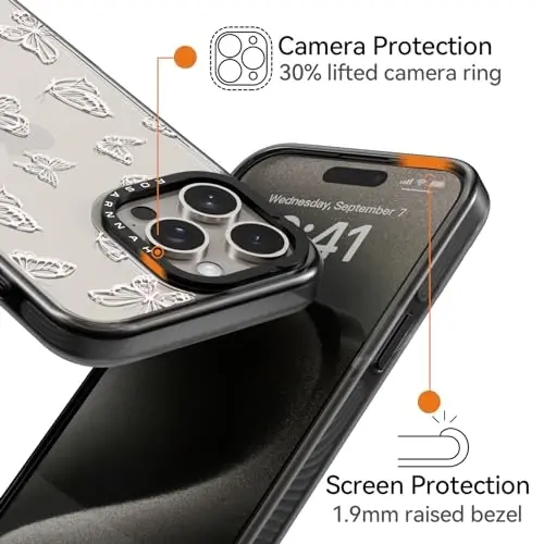 casevivid iPhone 15 Pro Max uchun mos keladigan g‘ilof, yoqimli estetik – zarbaga chidamli, 2 metrdan balandlikdan tushganda telefonni himoya qiluvchi g‘ilof, kulguli moda kapalakli 6,7 dyuymli qora - 3