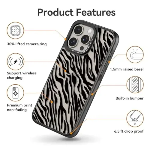 casevivid iPhone 15 Pro uchun mos keladigan chiroyli estetik qop - 6,6 fut balandlikdan tushganda zarbga bardoshli telefon qopqog'i kulgili moda qora zebra bosma 6,1
