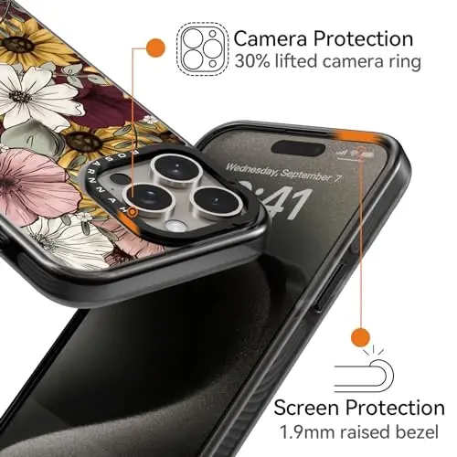 casevivid iPhone 15 Pro uchun mos keladigan g'ilof Chiroyli estetik - 6,6 fut balandlikdan tushganda zarbani o'tkazmaydigan bardoshli telefon g'ilofi Funny Fashion Sunflower 6.1
