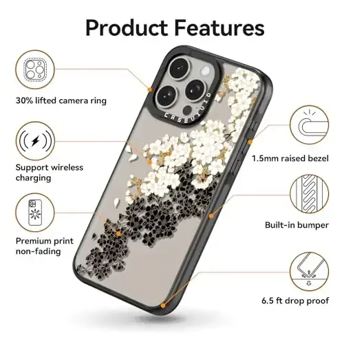 casevivid iPhone 15 Pro uchun mos keladigan g‘ilof Chiroyli estetik - 6,6 futdan tushganda zarbga bardoshli telefon g‘ilofi Qiziqarli moda olxo‘ri gulli 6.1