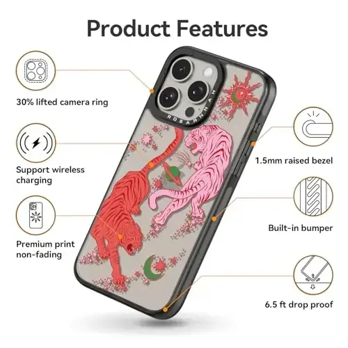 casevivid iPhone 15 Pro uchun mos keladigan g'ilof, yoqimli estetik - chidamli zarbga chidamli 2 m balandlikdan tushganda ta'sirga bardoshli telefon g'ilofi kulgili moda yo'lbarsi bilan 6,1