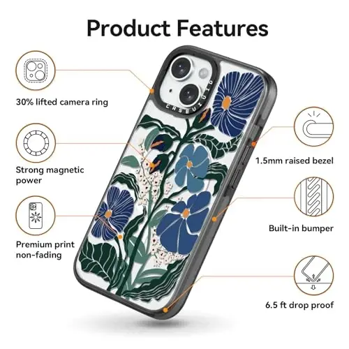 casevivid iPhone 15 uchun magnitli Magsafe gʻilofi Chiroyli estetik – 6,6 fut balandlikdan tushganda zarbga bardoshli telefon gʻilofi Qiziqarli moda Passiflora Caerulea 6,1