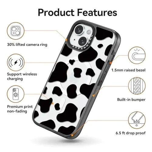 casevivid iPhone 15 uchun magnitli Magsafe gʻilofi Chiroyli estetik - 6,6 fut balandlikdan tushganda zarbga bardoshli telefon gʻilofi Qiziqarli moda sigir suti bosma naqshli 6,1