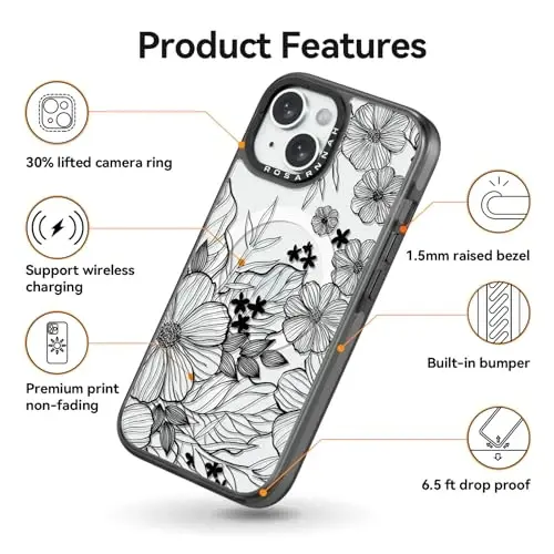 casevivid iPhone 15 uchun magnitli Magsafe gʻilofi Chiroyli estetik – chidamli zarbga chidamli 6,6 fut balandlikdan tushishga bardoshli telefon gʻilofi Qiziqarli moda qora yovvoyi gul 6,1