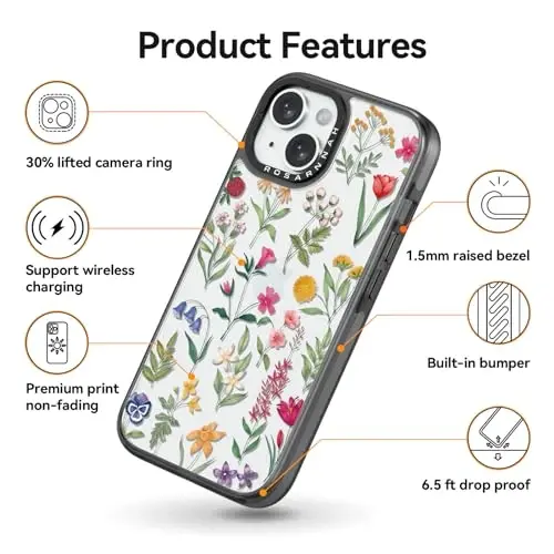 casevivid iPhone 15 uchun mos keladigan g‘ilof Chiroyli estetik – 2 metr balandlikdan tushganda zarbga bardoshli telefon g‘ilofi, kulgili moda tabiat gullari 6.1