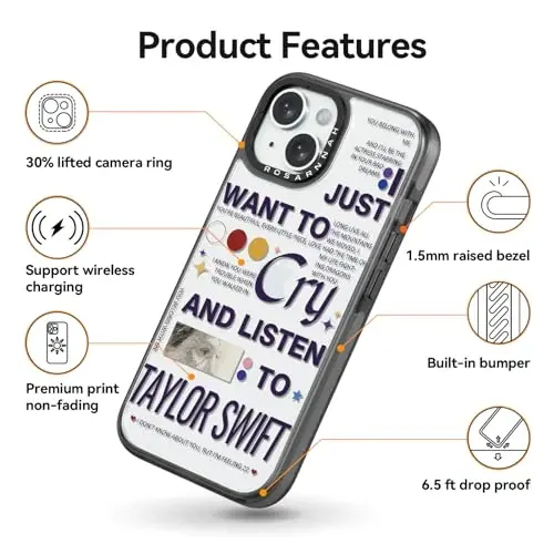 casevivid iPhone 15 uchun mos keladigan g'ilof Chiroyli estetik - 6,6 fut balandlikdan tushishga chidamli zarbaga bardoshli telefon g'ilofi Qiziqarli moda Teylor Musiqasi 6.1