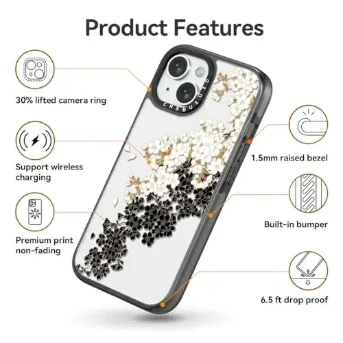 casevivid iPhone 15 uchun mos keladigan g'ilof Chiroyli estetik - 6,6 futlik zarbga chidamli, bardoshli telefon g'ilofi, kulgili moda olxo'ri gullari bilan 6,1