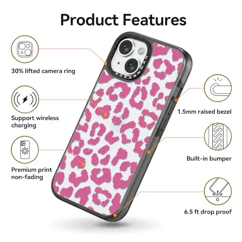 casevivid iPhone 15 uchun mos keladigan g'ilof Chiroyli estetik - chidamli zarbga chidamli 6,6 fut balandlikdan tushishga bardoshli telefon g'ilofi Qiziqarli moda pushti qoplon 6,1