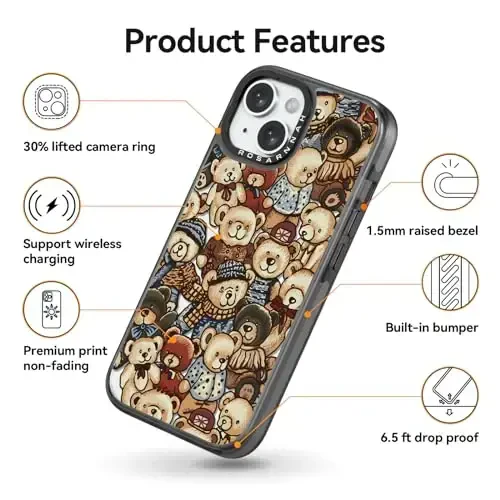 casevivid iPhone 15 uchun mos keladigan g‘ilof Yoqimli estetik – 2 m balandlikdan tushganda zarbani bardoshli telefon g‘ilofi Funny Fashion Bear bilan 6.1