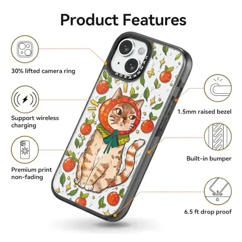 casevivid iPhone 15 uchun mos keladigan g'ilof Yoqimli estetik - 6,6 fut balandlikdan tushganda zarbga bardoshli telefon g'ilofi Qiziqarli moda mushukchasi bilan 6,1