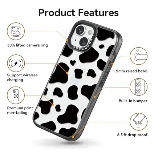casevivid iPhone 15 uchun mos keladigan g'ilof Yoqimli estetik - 6,6 fut balandlikdan tushganda zarbga chidamli telefon g'ilofi Funny Fashion Milk Cow Print 6.1