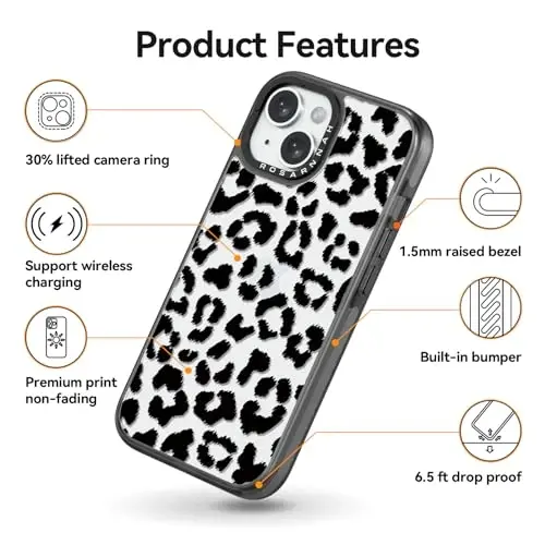 casevivid iPhone 15 uchun mos keladigan g‘ilof Yoqimli estetik - 6,6 fut balandlikdan tushishga bardoshli zarbaga chidamli telefon g‘ilofi Kulgiyli moda Katta qora qoplon naqshli 6,1