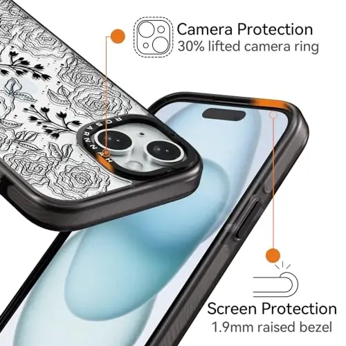 casevivid iPhone 15 uchun mos keladigan g'ilof Yoqimli estetik - 6,6 futlik zarbga chidamli telefon qopqog'i Qiziqarli moda qora atirgul 6,1