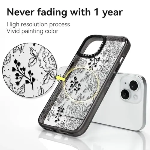casevivid iPhone 15 uchun mos keladigan g'ilof Yoqimli estetik - 6,6 futlik zarbga chidamli telefon qopqog'i Qiziqarli moda qora atirgul 6,1