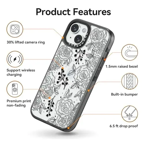 casevivid iPhone 15 uchun mos keladigan g'ilof Yoqimli estetik - 6,6 futlik zarbga chidamli telefon qopqog'i Qiziqarli moda qora atirgul 6,1
