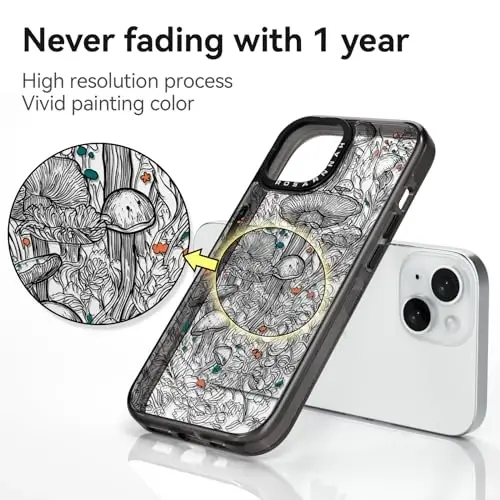casevivid iPhone 15 uchun mos keladigan g'ilof Yoqimli estetik - chidamli zarbga chidamli 6,6 fut balandlikdan tushish ta'siriga ega telefon g'ilofi Qiziqarli moda qora qo'ziqorin 6,1
