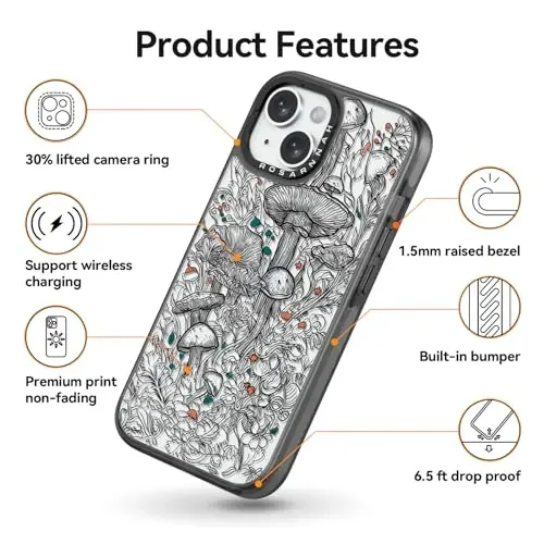 casevivid iPhone 15 uchun mos keladigan g'ilof Yoqimli estetik - chidamli zarbga chidamli 6,6 fut balandlikdan tushish ta'siriga ega telefon g'ilofi Qiziqarli moda qora qo'ziqorin 6,1