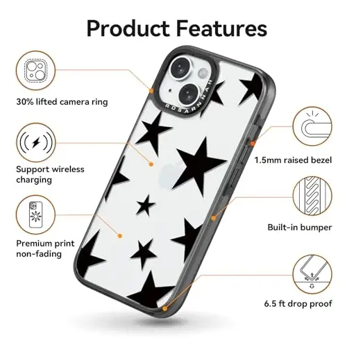 casevivid iPhone 15 uchun mos keladigan quti Chiroyli estetik - Bardoshli zarbga chidamli 6,6 fut balandlikdan tushish ta'siriga ega telefon qutisi Qopqoq Qiziqarli moda Besh qirrali yulduz 6,1