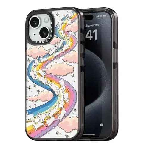 casevivid iPhone 15 uchun mos keladigan quti Yoqimli estetik - chidamli zarbga chidamli 6,6 fut balandlikdan tushish ta'siriga qarshi telefon qutisi Qiziqarli moda kamalak quyon 6,1