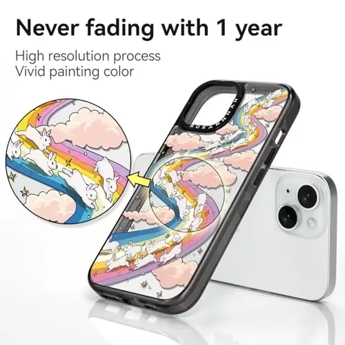 casevivid iPhone 15 uchun mos keladigan quti Yoqimli estetik - chidamli zarbga chidamli 6,6 fut balandlikdan tushish ta'siriga qarshi telefon qutisi Qiziqarli moda kamalak quyon 6,1