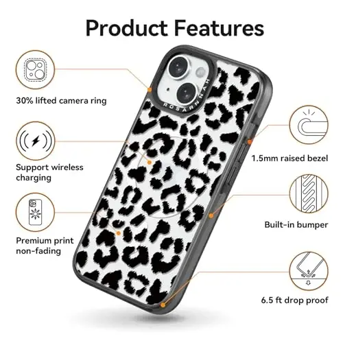casevivid Magnetic for iPhone 15 Magsafe Case Cute Aesthetic - Durable Shockproof 6.6 ft Drop Impact Phone Case Cover with Funny Fashion Big Black Leopard Print 6.1