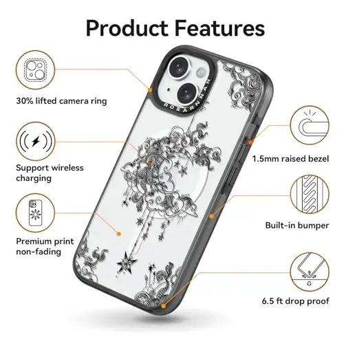 casevivid Magnetic for iPhone 15 Magsafe Case Cute Aesthetic - Durable Shockproof 6.6 ft Drop Impact Phone Case Cover with Funny Fashion Moon 6.1