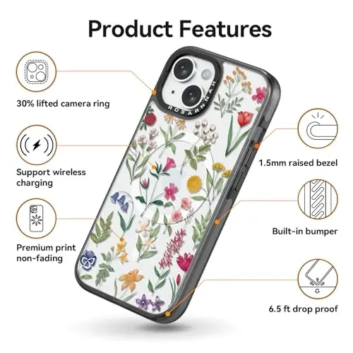 casevivid Magnetic for iPhone 15 Magsafe Case Cute Aesthetic - Durable Shockproof 6.6 ft Drop Impact Phone Case Cover with Funny Fashion Nature Flower 6.1