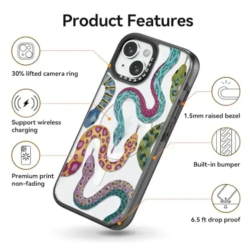 casevivid Magnetic for iPhone 15 Magsafe Case Cute Aesthetic - Durable Shockproof 6.6 ft Drop Impact Phone Case Cover with Funny Fashion Snake 6.1