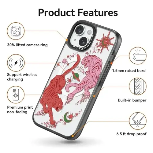 casevivid Magnetic for iPhone 15 Magsafe Case Cute Aesthetic - Durable Shockproof 6.6 ft Drop Impact Phone Case Cover with Funny Fashion Tiger 6.1