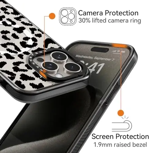 casevivid Magnetic for iPhone 15 Pro Magsafe Case Cute Aesthetic - Durable Shockproof 6.6 ft Drop Impact Phone Case Cover with Funny Fashion Big Black Leopard Print 6.1