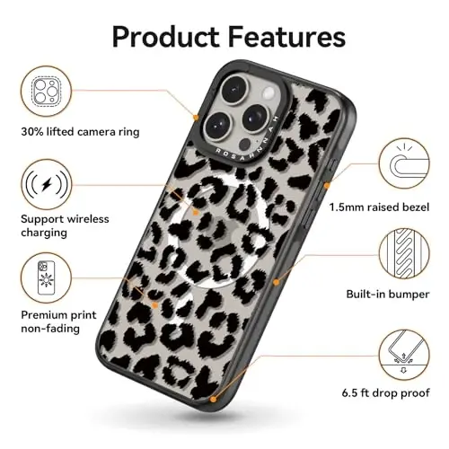 casevivid Magnetic for iPhone 15 Pro Magsafe Case Cute Aesthetic - Durable Shockproof 6.6 ft Drop Impact Phone Case Cover with Funny Fashion Big Black Leopard Print 6.1
