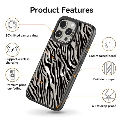 casevivid Magnetic for iPhone 15 Pro Magsafe Case Cute Aesthetic - Durable Shockproof 6.6 ft Drop Impact Phone Case Cover with Funny Fashion Black Zebra Print 6.1