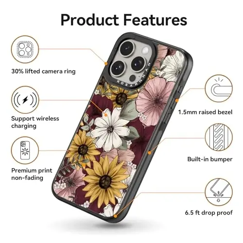 casevivid Magnetic for iPhone 15 Pro Magsafe Case Cute Aesthetic - Durable Shockproof 6.6 ft Drop Impact Phone Case Cover with Funny Fashion Sunflower 6.1