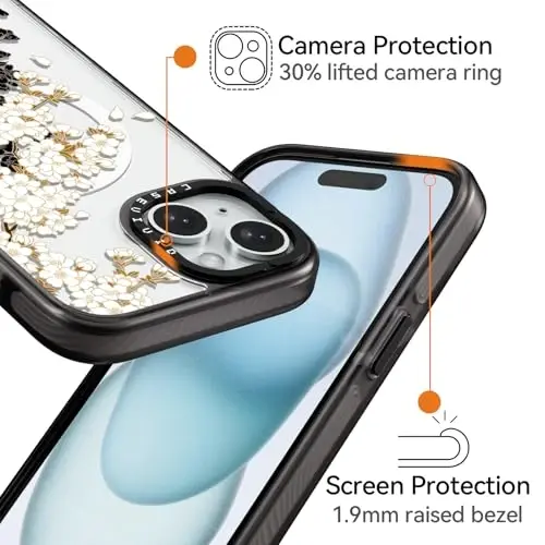 casevivid Магнитный чехол для iPhone 15 Magsafe, милый эстетичный — прочный противоударный чехол для телефона при падении с высоты 2 м с забавным модным рисунком сливы 6,1 дюйма, черный - 3