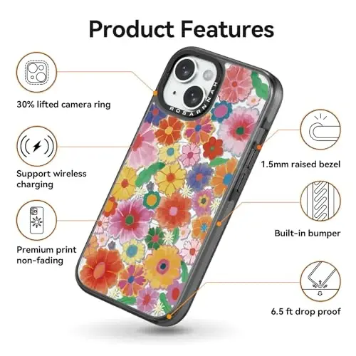 casevivid Магнитный чехол для iPhone 15 Magsafe, милый эстетичный — прочный противоударный чехол для телефона при падении с высоты 2 м с забавными модными разноцветными цветами, 6,1 дюйма, черный - 5