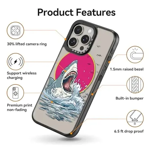 casevivid Магнитный чехол для iPhone 15 Pro Magsafe, милый эстетичный — прочный противоударный чехол для телефона при падении с высоты 6,6 футов с забавной модной акулой, 6,1 дюйма, черный - 5
