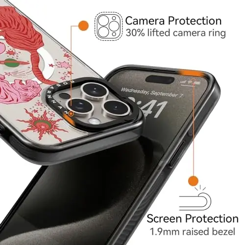 casevivid Магнитный чехол для iPhone 15 Pro Magsafe, милый эстетичный — прочный противоударный чехол для телефона с защитой от падения с высоты 2 м и забавным модным тигром, 6,1 дюйма, черный - 3