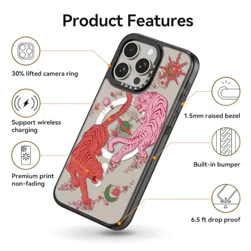 casevivid Магнитный чехол для iPhone 15 Pro Magsafe, милый эстетичный — прочный противоударный чехол для телефона с защитой от падения с высоты 2 м и забавным модным тигром, 6,1 дюйма, черный - 5