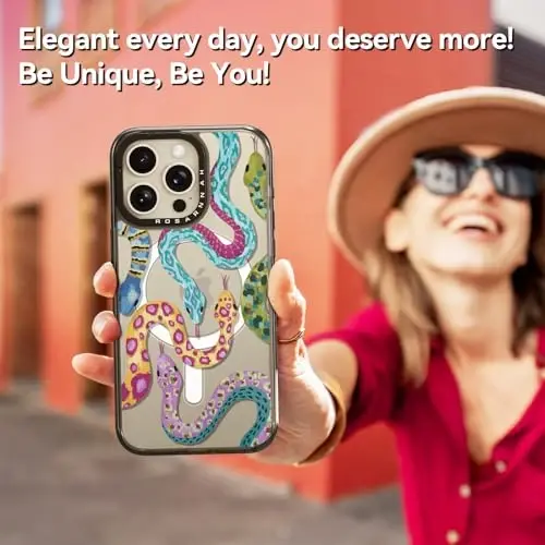 casevivid Магнитный чехол для iPhone 15 Pro Max Magsafe, милый эстетичный — прочный ударопрочный чехол для телефона при падении с высоты 2 м с забавной модной змеей 6,7 дюйма, черный 